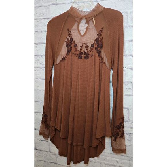Free People Saheli Tunic Top Embroidered Mesh Boho Brown Hi Low Size S. - Picture 3 of 9